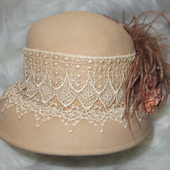 Elsie Massey Cloche Hat w/Exquisite Lace, Floral & Feather Trim - Neutral Colors - Picture 2 of 5